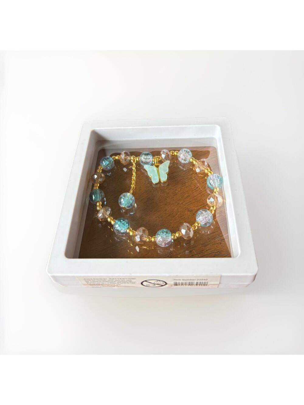 Blue & Gold Beaded Stretch Bracelet Butterfly Charm in 3D Floating Display Case